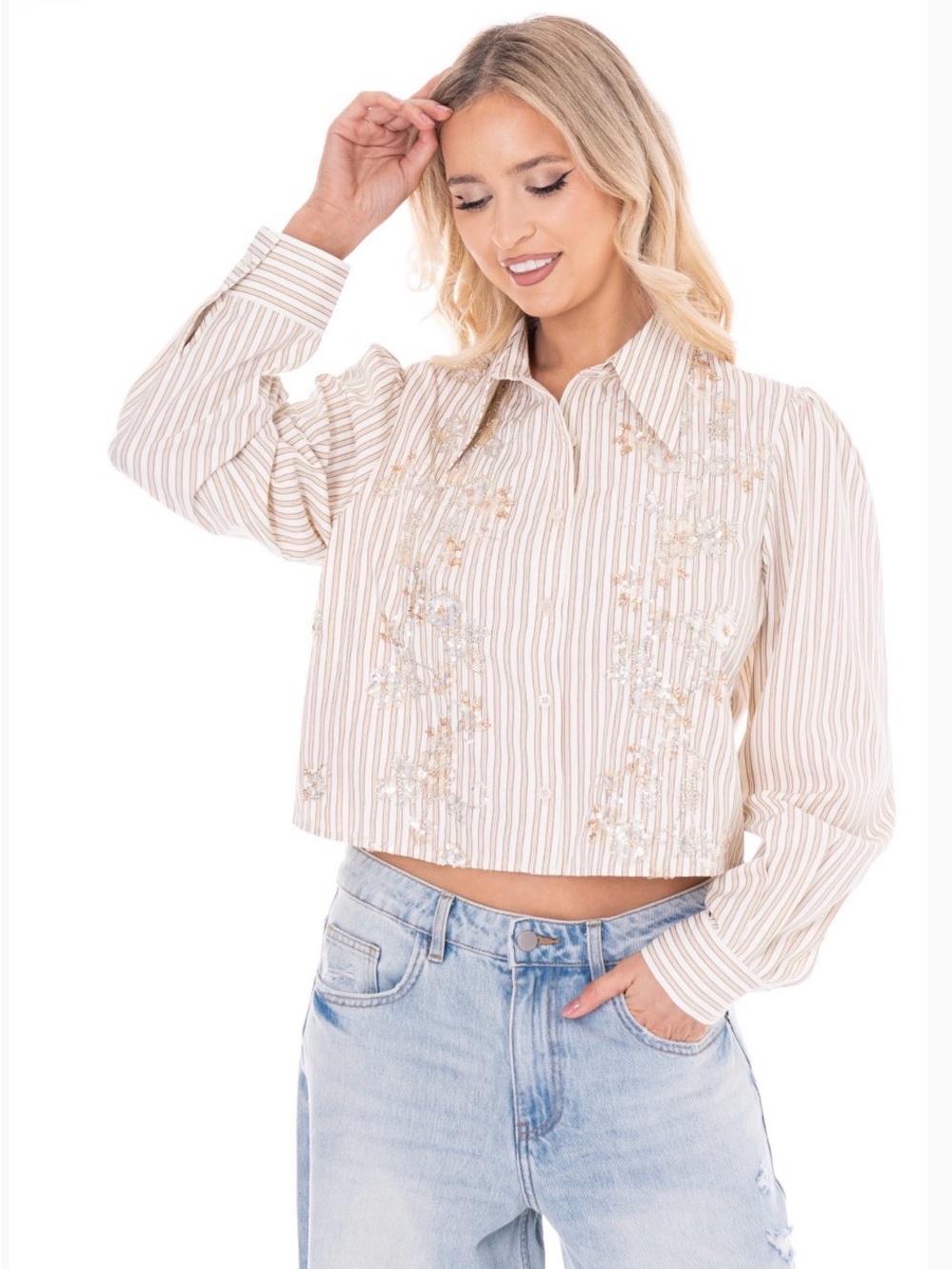 Elegant Embellished Cropped Button Down | Beaded Sequin Detail | SM117 - Picture 2 of 5